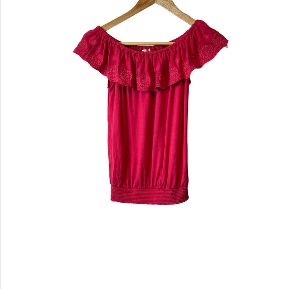 DEX Pink Off The Shoulder Flounce Banded Bottom Light Casual Top L